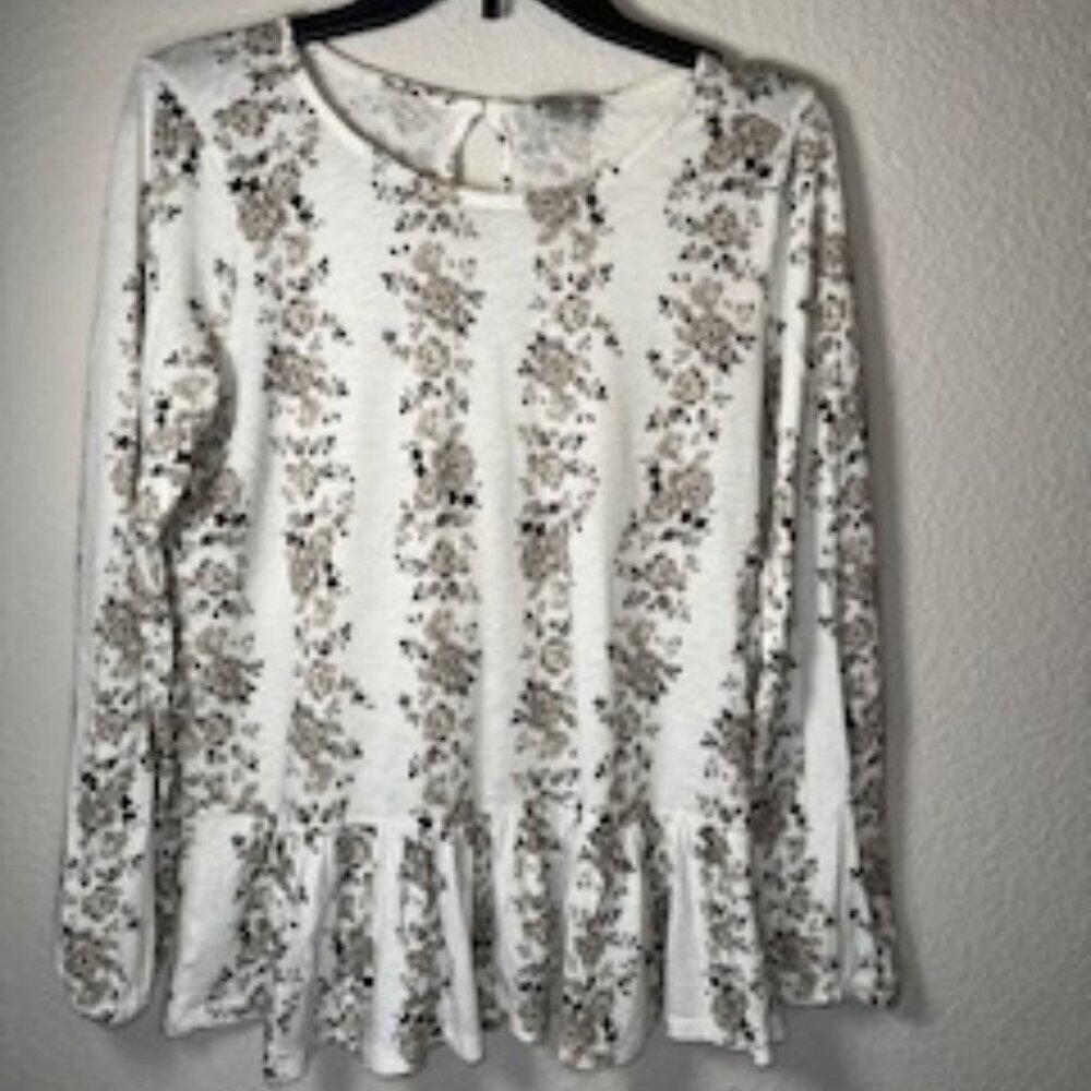 LUCKY BRAND Off-White Floral Long‎ Sleeve Peplum Top Shirt